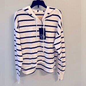 CHASER Revolve Hooded Sweater White w/Navy Blue Stripes NWT